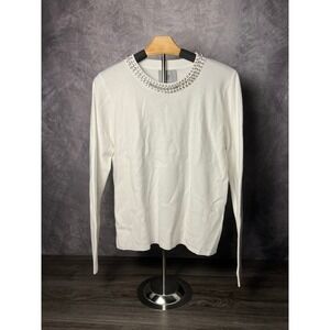 LIV Milano NWT Rhinestone Jewel Neck Sweater Eggshell White Size Medium